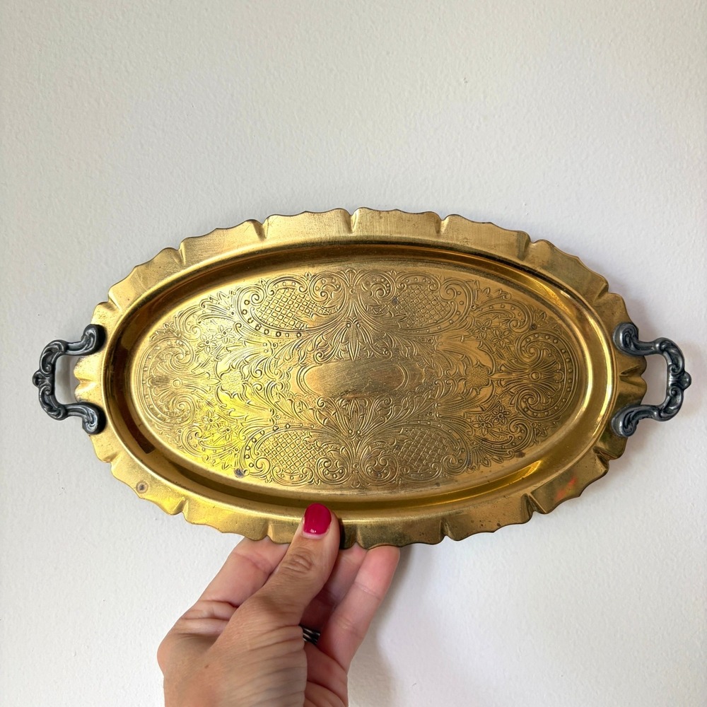 Vintage Etched Brass Oval Tray with Ornate Silver Tone Handles Scalloped Edge
